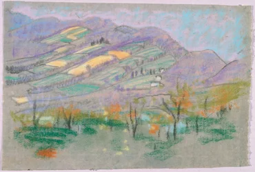 Landschaft mit lila Bergen